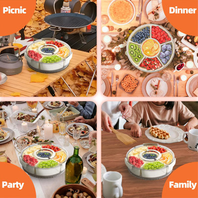 Plateau de service divisé avec couvercle et poignée, boîte de collation empilable pour organisateur de bonbons aux fruits, plateau de légumes portable rond pour la cuisine, la fête, le transport et le pique-nique, blanc