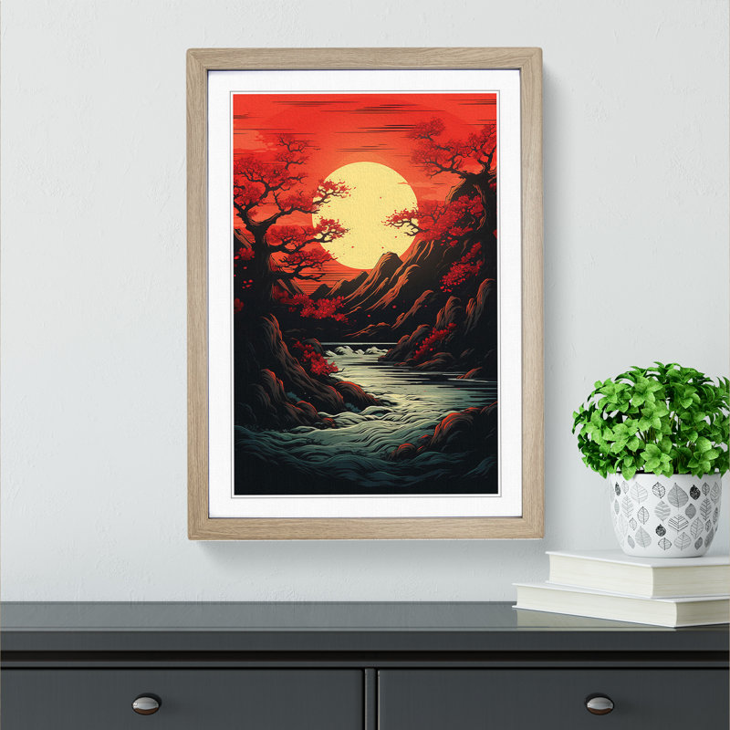 Japanese Sunset Line - Single Picture Frame Print on Wood, 34cm H x 25cm W x 2cm D, Oak Framed