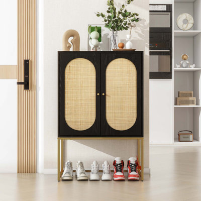 Armoire haute en rotin naturel 2 portes, tablette réglable intégrée, assemblage facile, armoire autoportante pour la chambre à coucher du salon