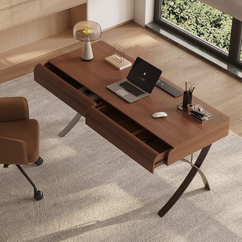 Nut-brown + Silver Rectangular Manufactured Wood + Carbon Steel with 2 drawers desk, 29.53" H x 55.12" W x 27.56" D