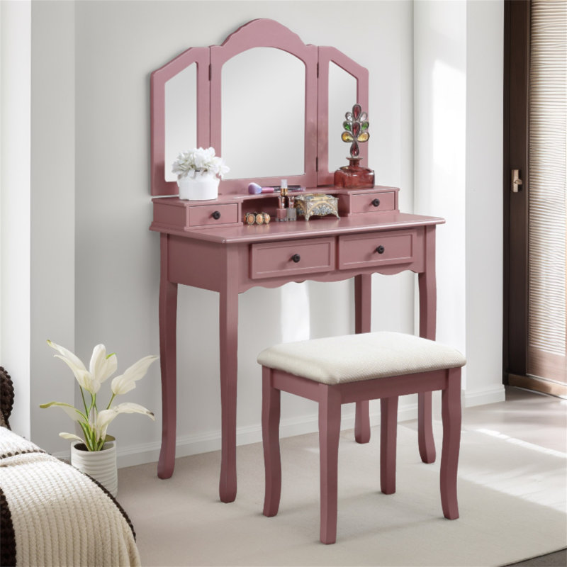 Ensemble coiffeuse et tabouret en bois Sanlo, Rose