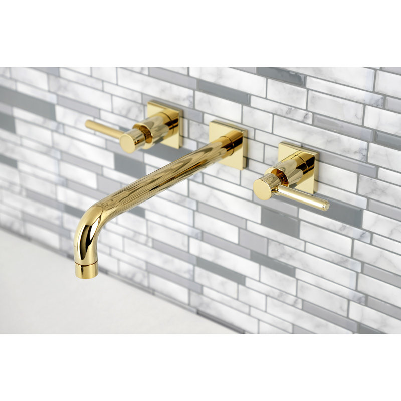 Kingston Brass Manhattan Two-Handle 3-Hole Wall Mount Roman Tub Faucet, Polished Brass, Lever