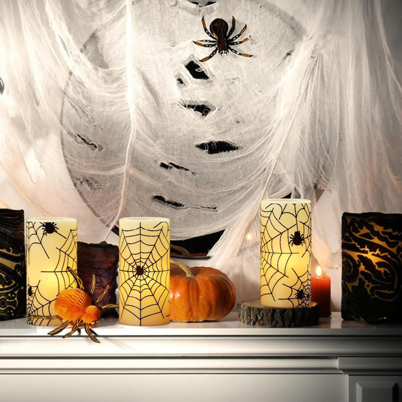 3 Pack 3×6" Halloween Flameless LED Pillar Candles:Timer, Battery-Operated, Real Wax with Spider Cobweb Decals