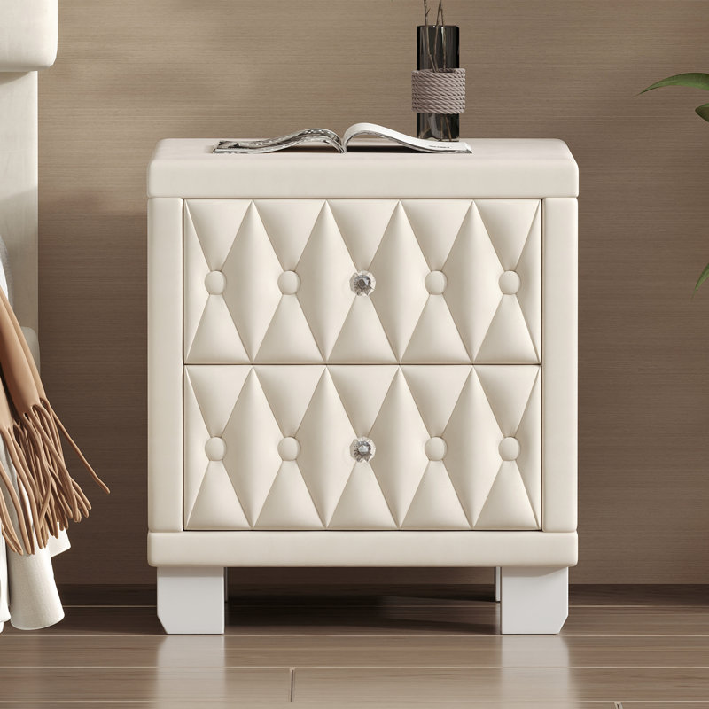 Poli, beige, table de chevet en velours, 2 tiroirs, cristal embelli, esthétique des boutons, amplement d'espace