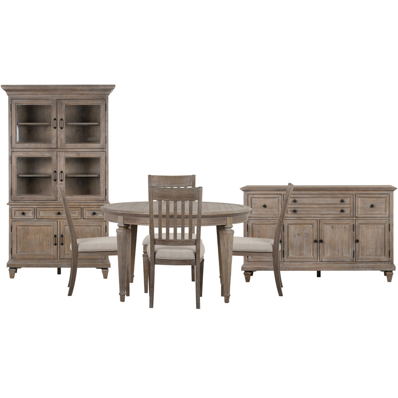 Extendable Round Dining Table With 4 Side Chairs Buffet And Dining Cabinet, Gray, Beige/Gray