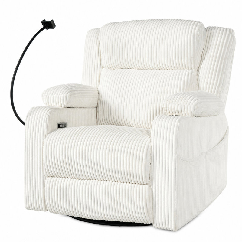 37'' W Upholstered Power Recliner With Massage And Heating, Beige Corduroy