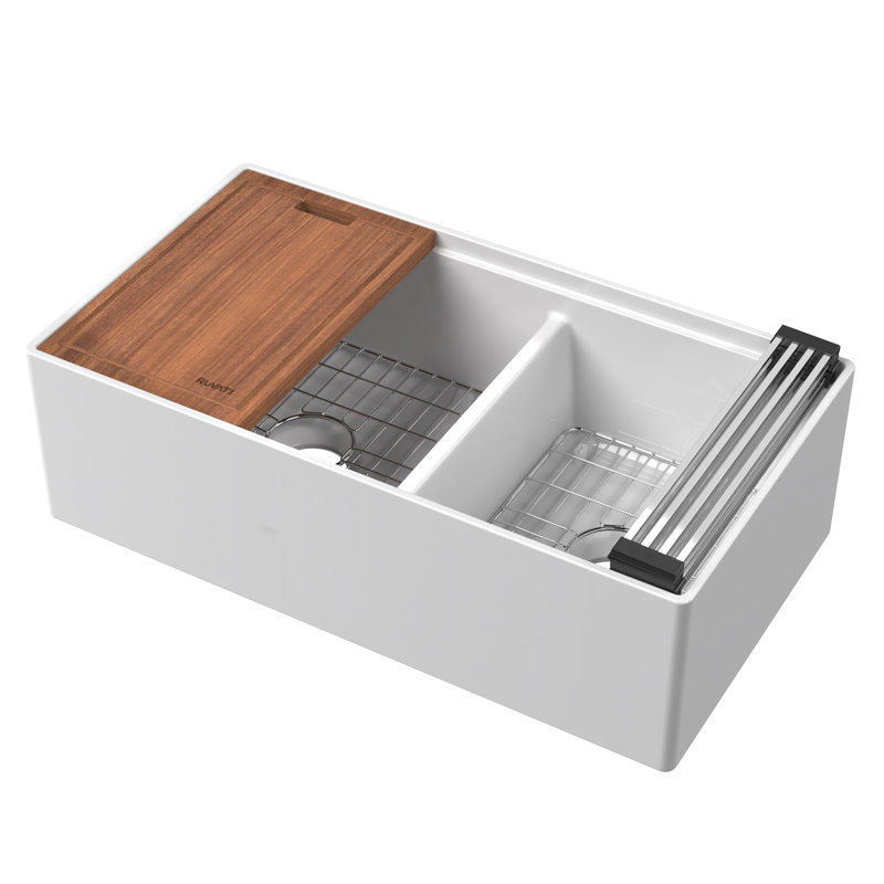 Ruvati 33 inch Fireclay Workstation White Farmhouse Kitchen Sink Apron Front Double Bowl