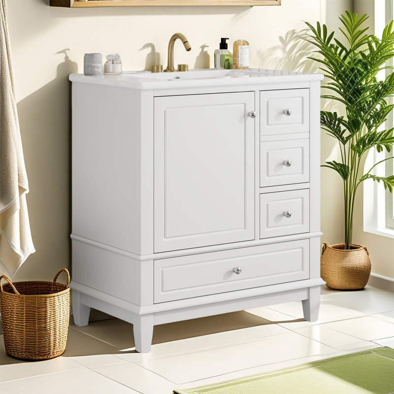 Meuble-lavabo moderne avec lavabo, une porte avec tablette, trois tiroirs et une porte à fermeture en douceur, Blanc