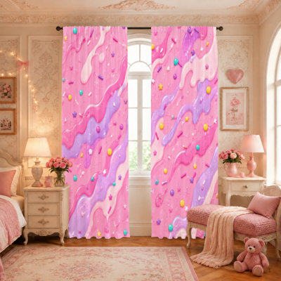 2Pcs Cute Candy Curtains, Light Filtering Fabric, Sweet Icing and Sprinkles Print Pattern, Energy Efficient Privacy Protection, Rod-Pocket Design, Suitable for Living Room, Bedroom, Kitchen Home Decoration