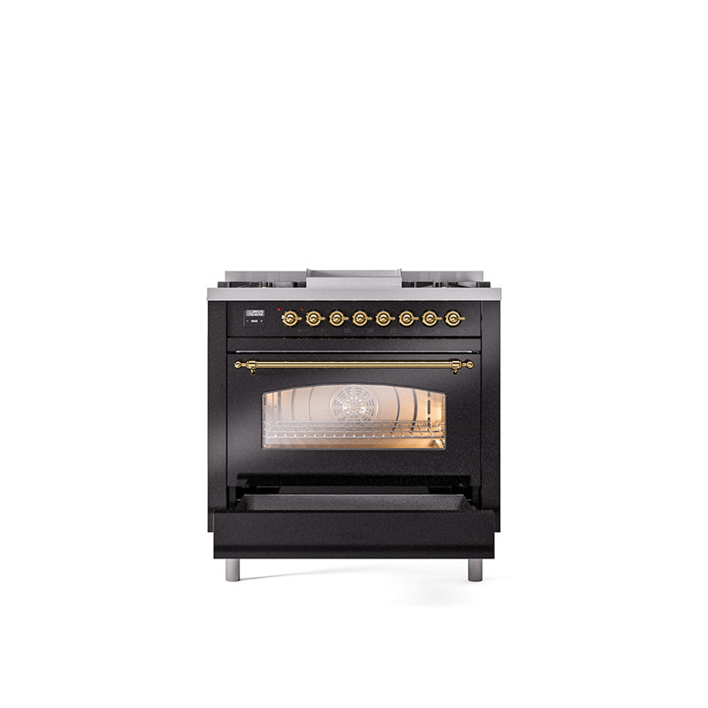 ILVE Nostalgie II 36 Dual Fuel Range, knobs, Glossy Black/Brass, Liquid Propane