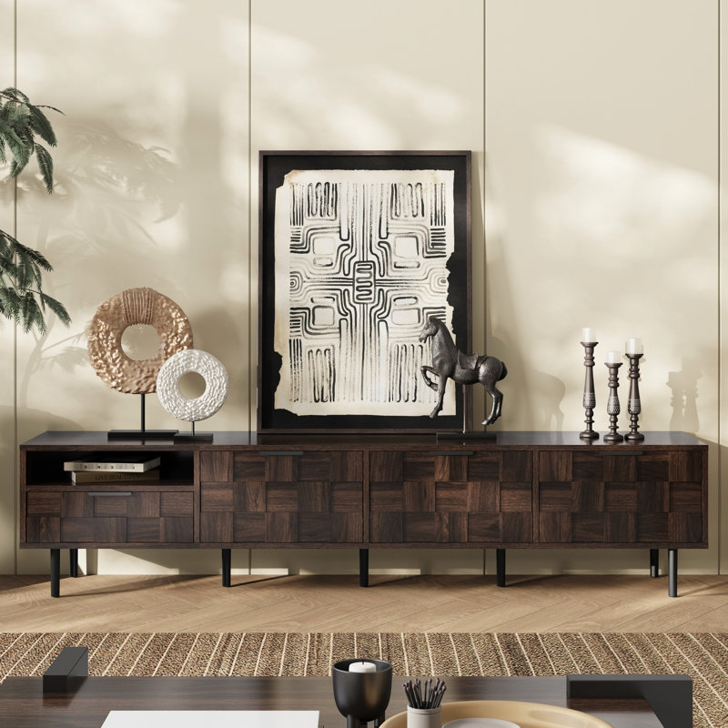 Console 78 po pour téléviseur de 70 à 79 po, support minimaliste avec armoires de rangement dans le salon, 3 armoires à fermeture douce, 1 tiroir profond, tablette ouverte, quincaillerie, capacité de charge totale de 220 lb