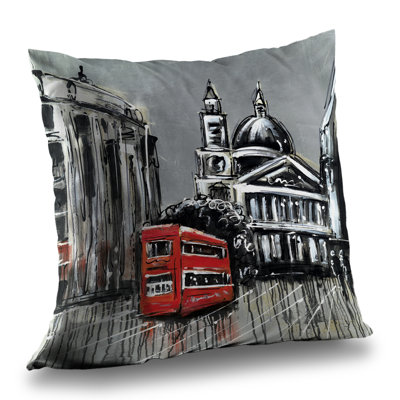 London Street with Red Bus - Places White Poly Twill Throw