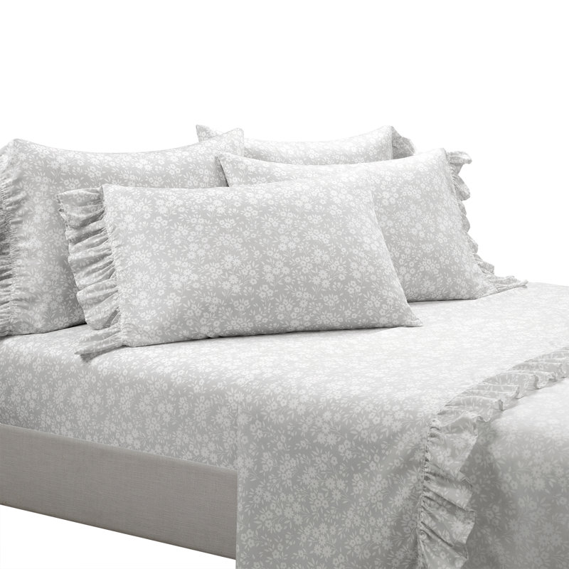 Gray Floral Microfiber Twin XL Ruffle Sheet Set