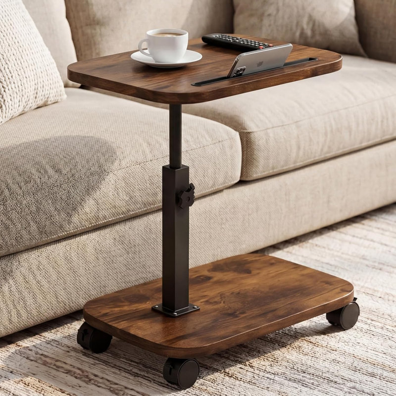 Table d'appoint télé ajustable avec plateau pivotant à 360° et roulettes, brun rustique