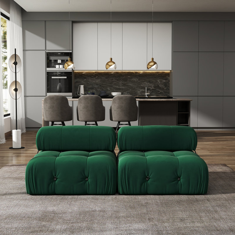Cylar 2-Piece Upholstered Modern Velvet Armless Modular Loveseat Sofa, Green
