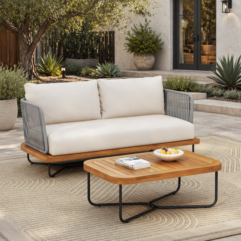 Ensemble de causeuse et de table en bois d'acacia tissé Lucca, beige, durable et élégant