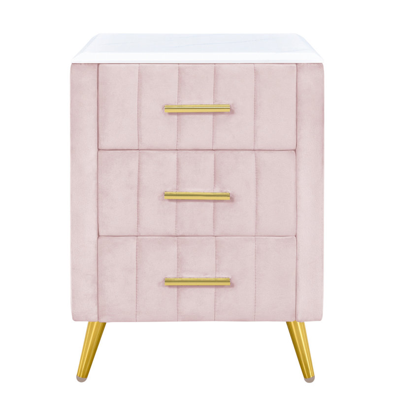 Table de chevet rembourrée en bois avec 3 tiroirs et pieds et poignées en métal, table de chevet avec plan de travail autocollant marbré - rose
