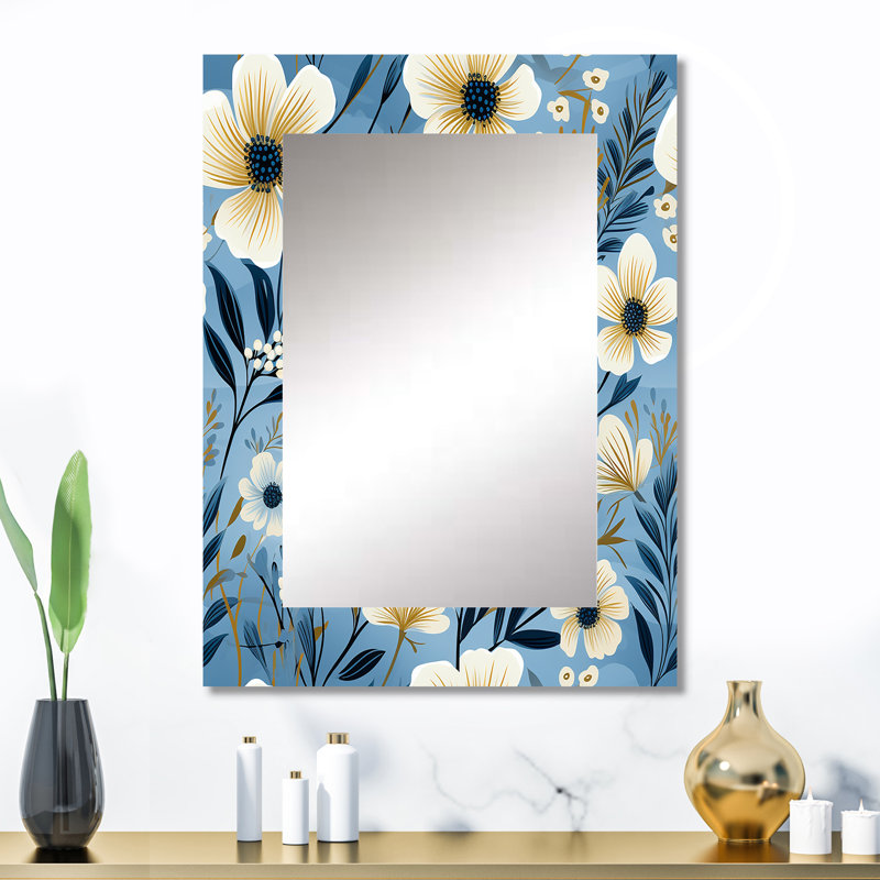 Motif floral Antavius Blue Coastal Elegance - grand miroir floral, décor de miroir mural Cottage, 32 po x 24 po