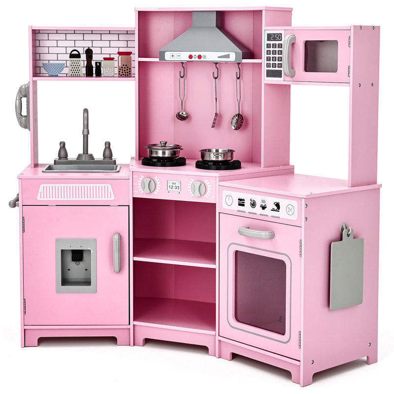 JOYLDIAS Corner Wooden Pretend Kids Play Kitchen, Toddler Kitchen Toys Playset, Pink