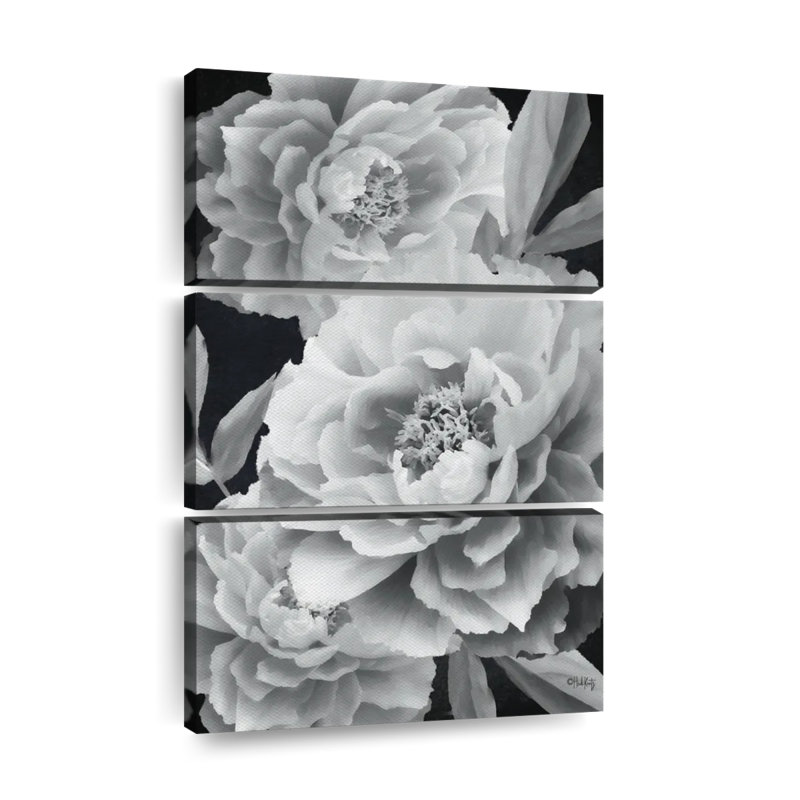 Ensemble de 3 pivoines noires et blanches sur toile, H 38 po x l 24 po x P 1,25 po