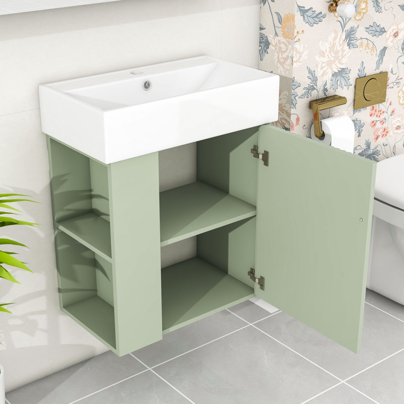 Meuble-lavabo mural avec lavabo en céramique et rangement à gauche, Vert