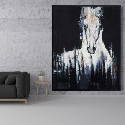 «Cheval blanc abstrait sur fond noir» sur toile