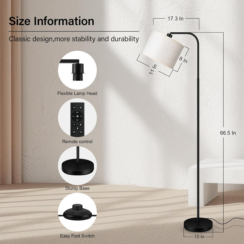Dimmable Floor Lamp For Living Room,Arc Sofa Lamps With Remote Control,Stepless Dimmable & Colors Temperature,2700K-6500K,67 In,Tall Modern Standing Lamp For Bedroom Study Room Office,White