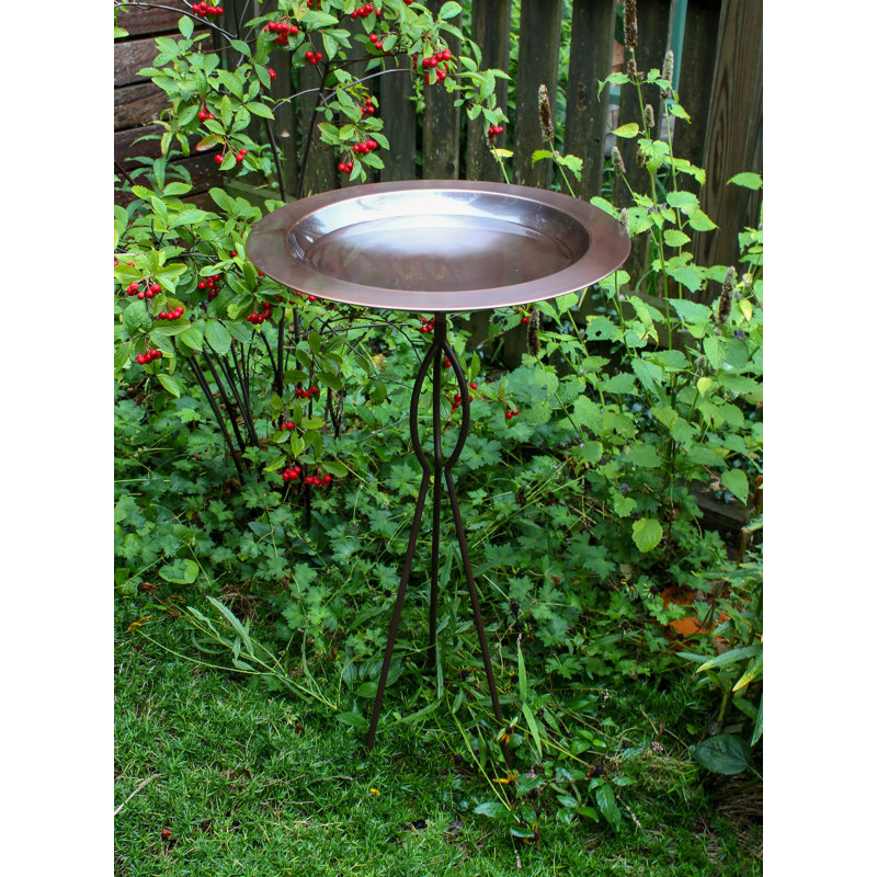 Antique Copper Birdbath with Bronze Wrought Iron Tripod Stake