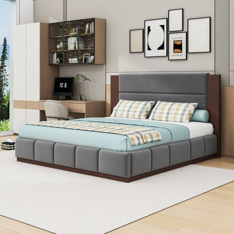 Lit plateforme tapissier élégant avec tête de lit en tissu d'ameublement doux, Gris, Très grand lit