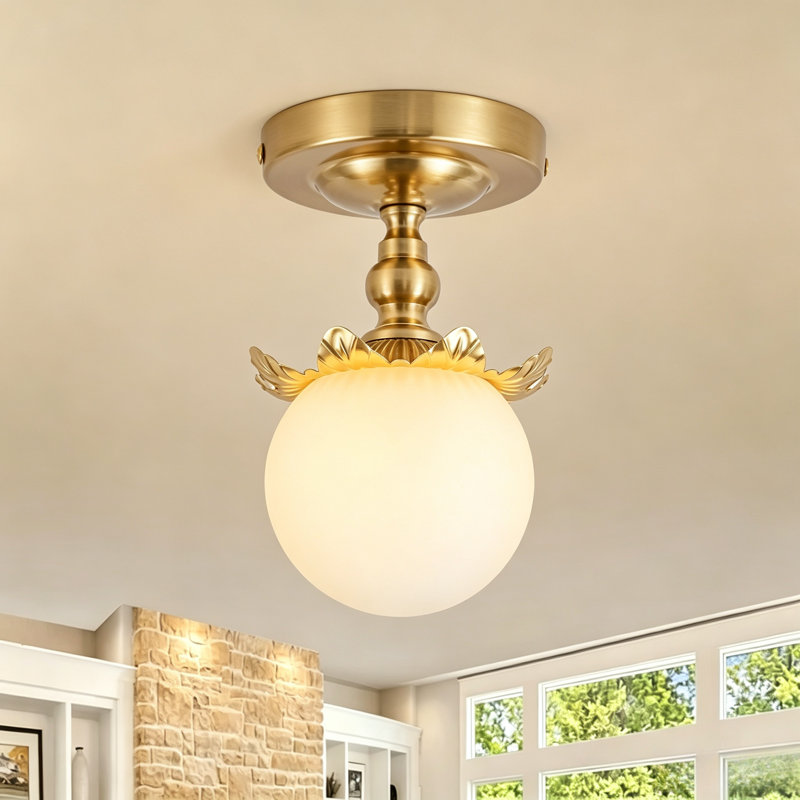 1-Light Modern Brushed Brass Semi Flush Mount Ceiling Light with Opal Glass Globe