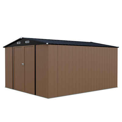 Remise de rangement pour l'extérieur 10 x 12 pi, remise à outils toutes saisons en acier galvanisé avec porte verrouillable, évent et portes doubles et fenêtre pour le mobilier et les outils de jardin brun
