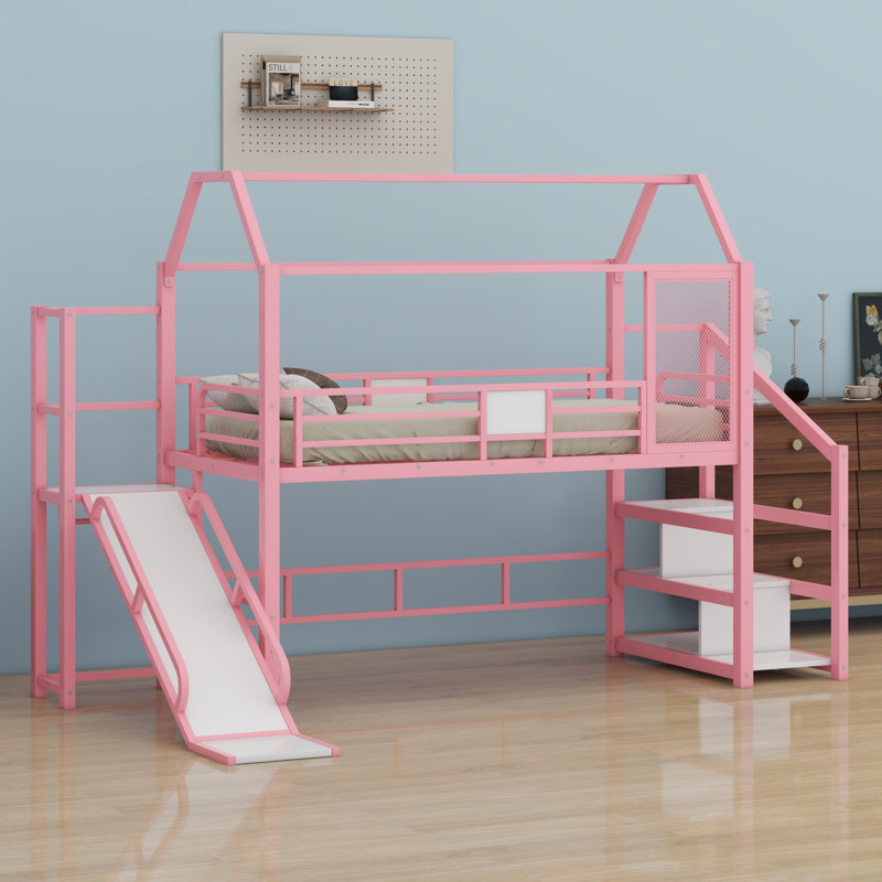 Lit mezzanine en métal avec glissade, escalier et tablettes de rangement, Rose