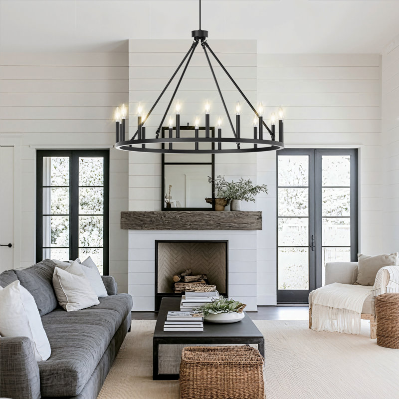 16-Light 39.3"W Candle-Style Wagon Wheel Metal Chandelier For Ha0llway Bedroom Living Room Dining Room, Matte Black