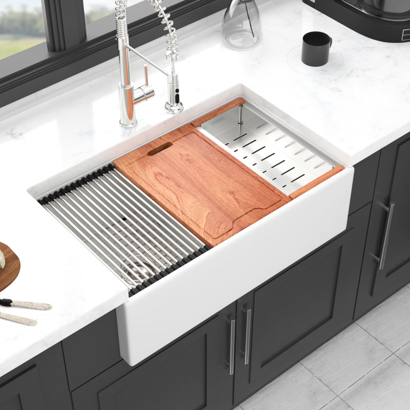 White Ceramic 33" Double Bowl Sink For Kitchen, Workstation Feature More Working Space, Stain - And Finish, Includes Colander Installation Guide 33 Inch Kitchen With Functionality, Extreme Resistance