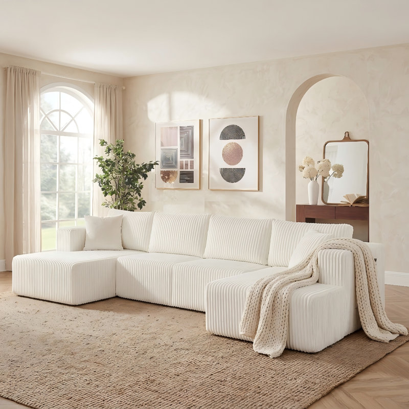Canapé modulaire en velours côtelé 132 po, White Corduroy