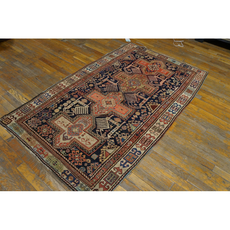 Wool Allover Geometric Hand Knotted Pile Antique Blue Caucasian 1900s Rug
