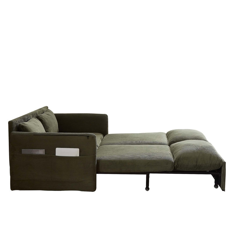 64.5 Inch 3-in-1 Adjustable Sleeper Sofa Bed | Pullout, Soft Corduroy, 2 Pillows & Side Pockets, Green Corduroy