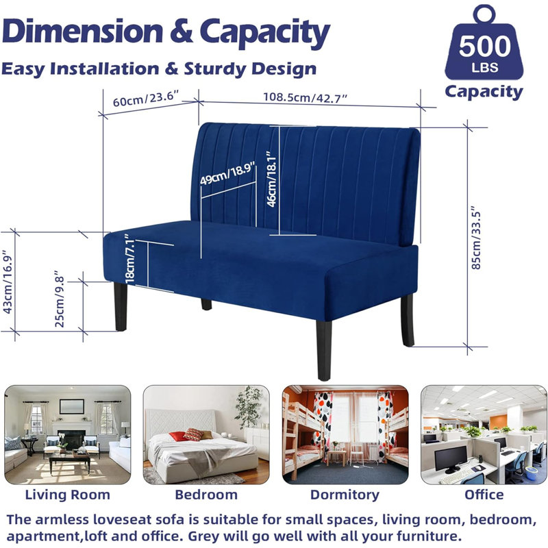 43”W Uphostered Bench, Loveseat Dining Banquette, Blue