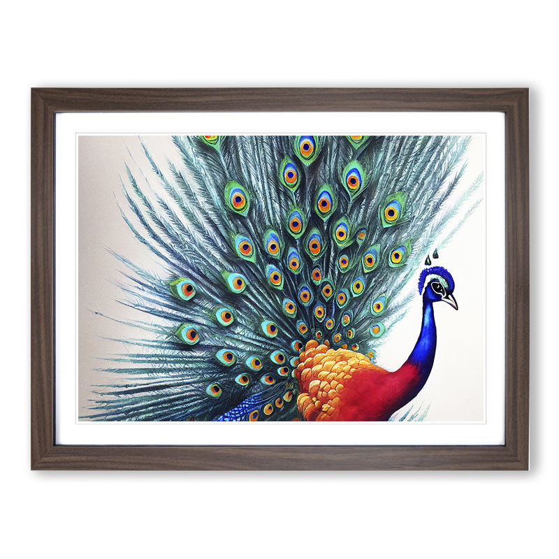 Watercolour Peacock Art - Single Picture Frame Painting, 25cm H x 34cm W x 2cm D, Walnut