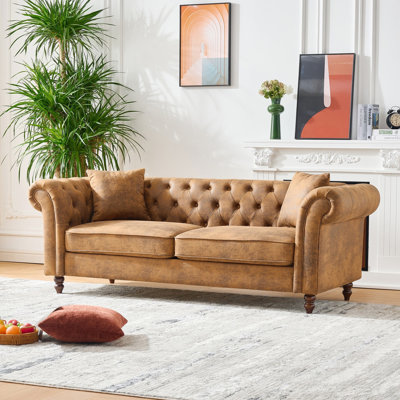 81,65 po de profondeur en tissu brun à 3 places avec accoudoirs roulés, pour un espace de vie principal - Canapé en tissu de haute technologie brun avec accoudoirs roulés, design moderne Mid-Century, respirant pour la chambre et le bureau