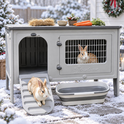 Rabbit Hutch Outdoor Indoor Easy-Clean HDPE Bunny Cage with Drain, Water-resistant, Chew-resistant Plastic Rabbit Cage with 2 Doors