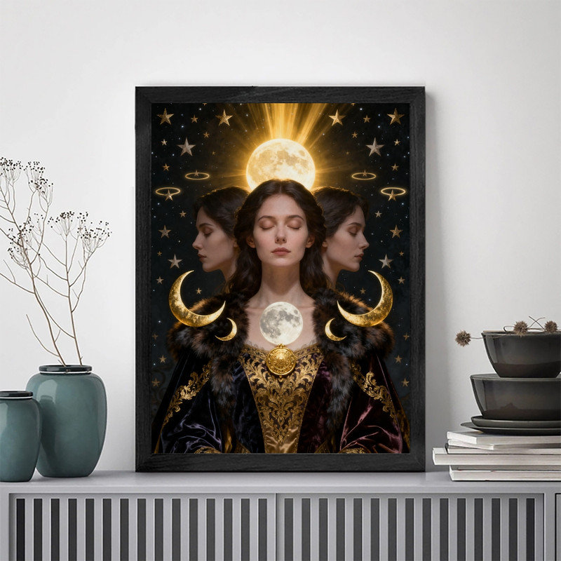 Art mural encadré noir, déesse de la lune rétro, impression de cadre mystique gothique céleste, H 11 po x l 9 po