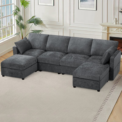 110" Chenille Sectional Sofa With Two Pillows And Ottoman, Modern 4-Seat Couch With Upholstered Cushion, U-Shape Sofa For Living Room, Office