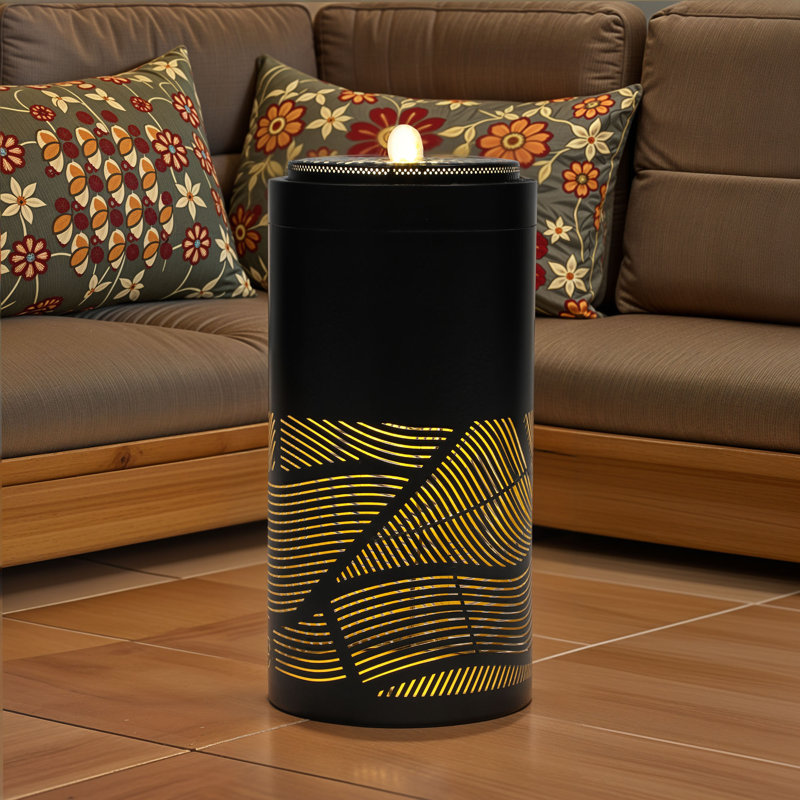 23.75'' H Black Metal Outdoor Fountain with Light and Geometric Cutout Design