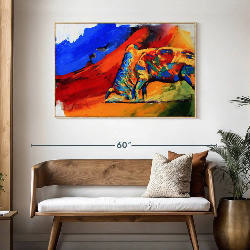 Taureau coloré, Cadre flottant en bois naturel, 46 po x 31 po