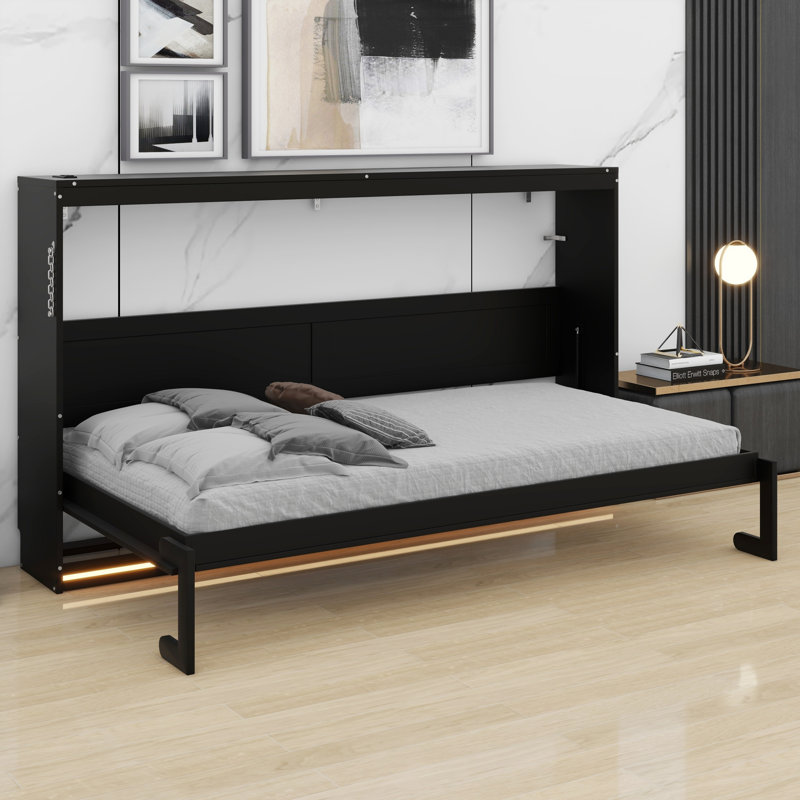 Compact Murphy Bed with Decorative Printed Pattern, LED Lighting & USB Charging Station, Black