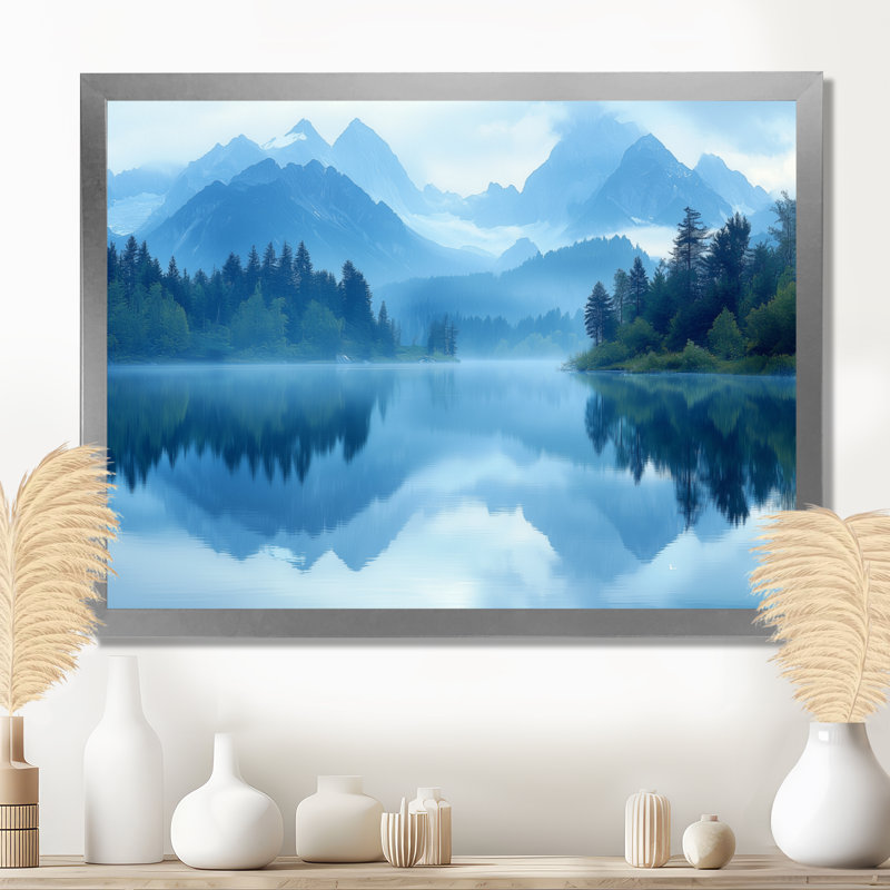 Gesko Mountain Lake Silent Reflections III - montagnes, art mural, H 34 po x l 44 po, Reproduction encadrée, Argent argent