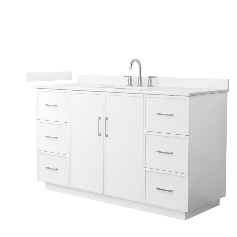 Elan TK 60" Freestanding Single Bathroom Vanity with Quartz Top, White, Brushed Nickel, White Quartz