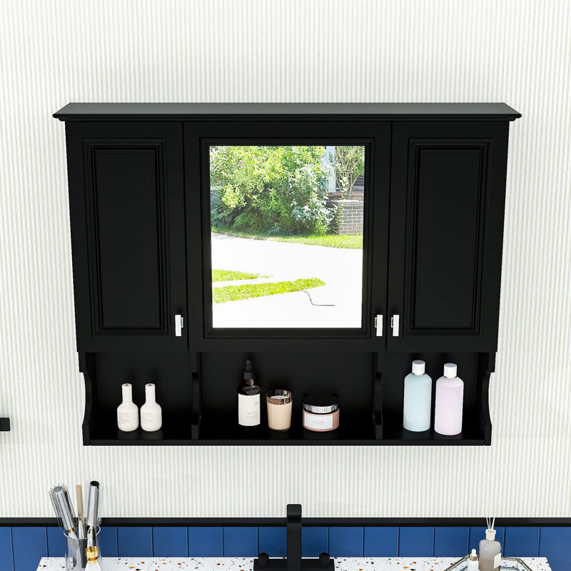 Armoire de salle de bain murale à miroir avec tablettes réglables, rangement dissimulé et rangement ouvert, Noir