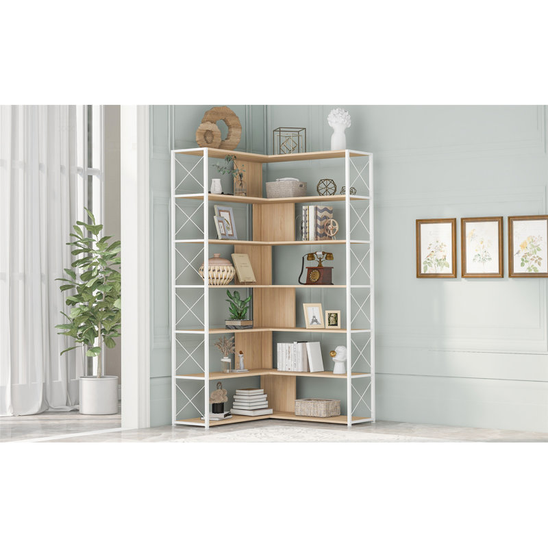 Bibliothèque en coin à 7 niveaux avec structure en métal et rangement ouvert de style industriel pour la maison et le bureau